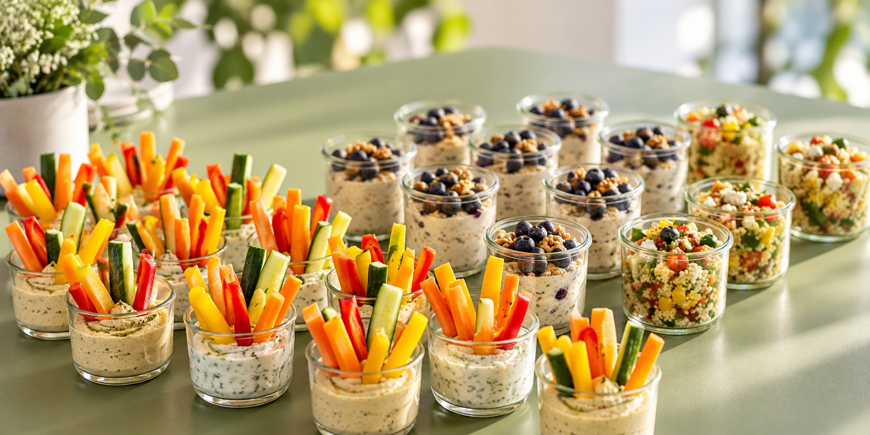 Gesundes Glasbuffet im Büro: Kleine Gläser mit Gemüsesticks, Dips, Overnight Oats und Couscous-Salat stehen auf einem salbeigrünen Tisch